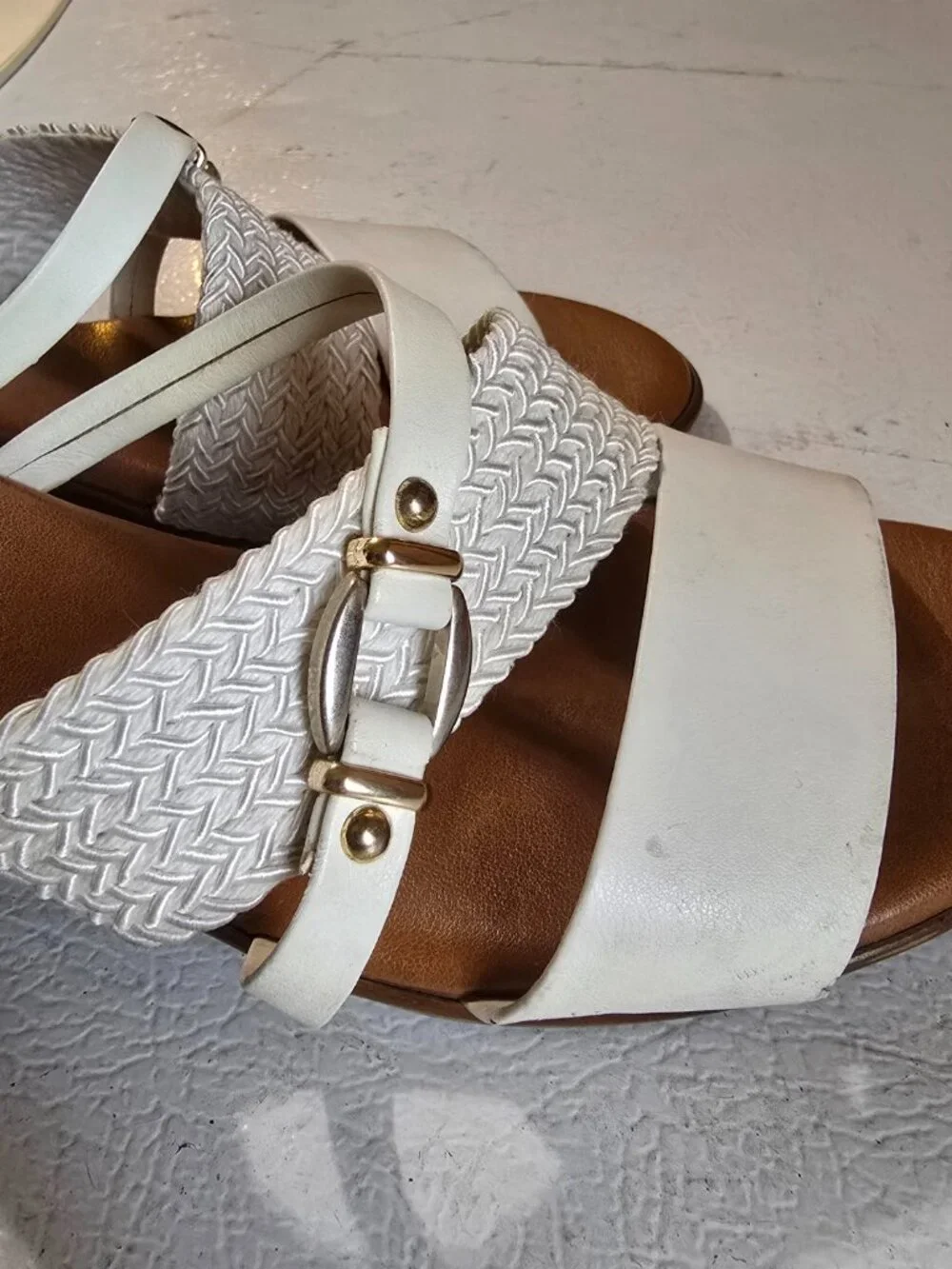Made in Italy White Woven Straps Low Wedge Slide Sandals Gold Buckle Accent